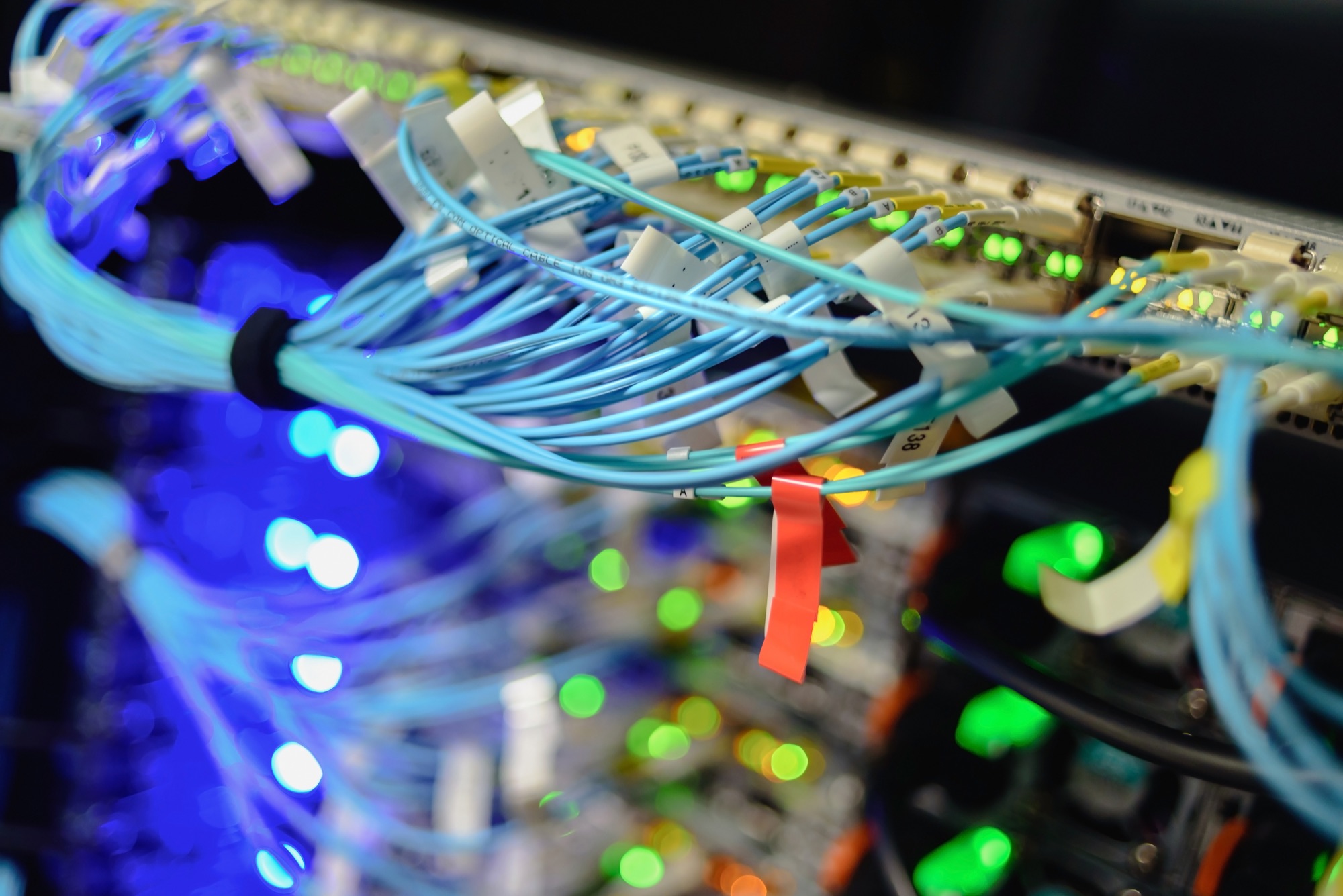 Blue fiber optic connections and active network equipment